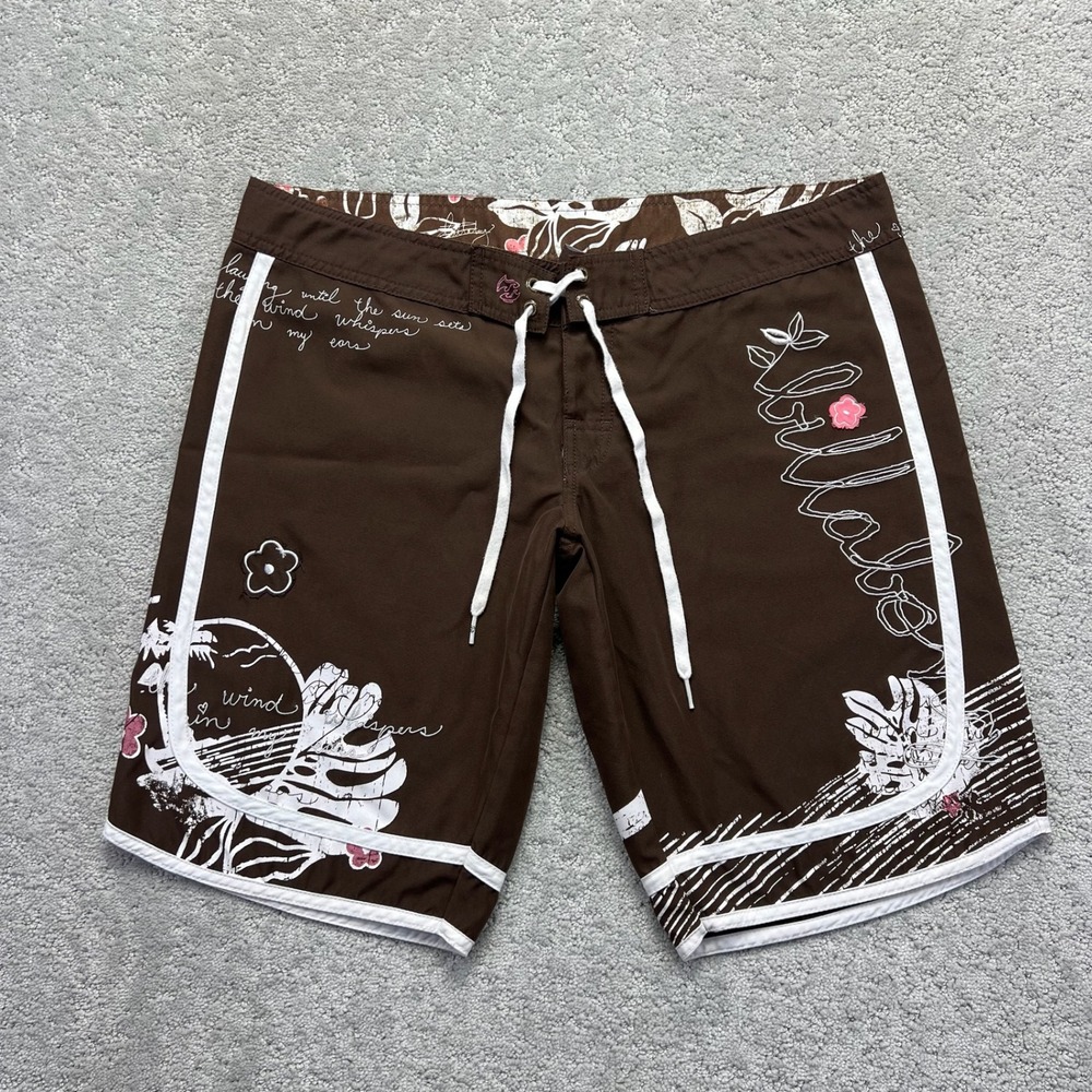 Billabong Board Shorts Womens Size 11 Brown White Floral Swim Surf Beach Y2K
